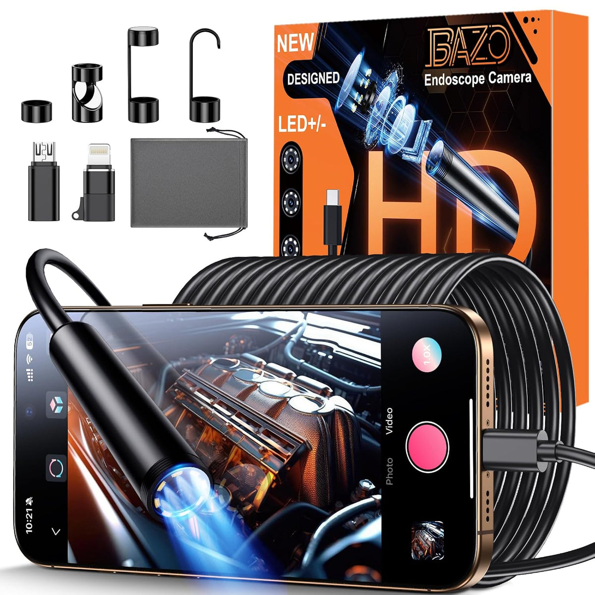 BAZO Endoscope Camera with Light –1920P HD Borescope with 8 Adjustable LEDs IP67 Waterproof, Inspection Camera for Android & iOS/iPhone, Endoscope Tools with Semi-Rigid Snake Camera- 18.04ft